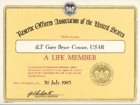 Gary Conner Reserve Officers Association Life Time Membership Certificate