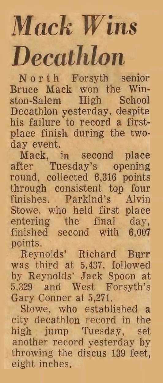 Gary Conner 1974 Decathlon High School Results Forsyth County, NC